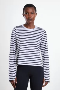 UNNA Striped Long Sleeve Running Tee – White And Navy | Centre Commercial