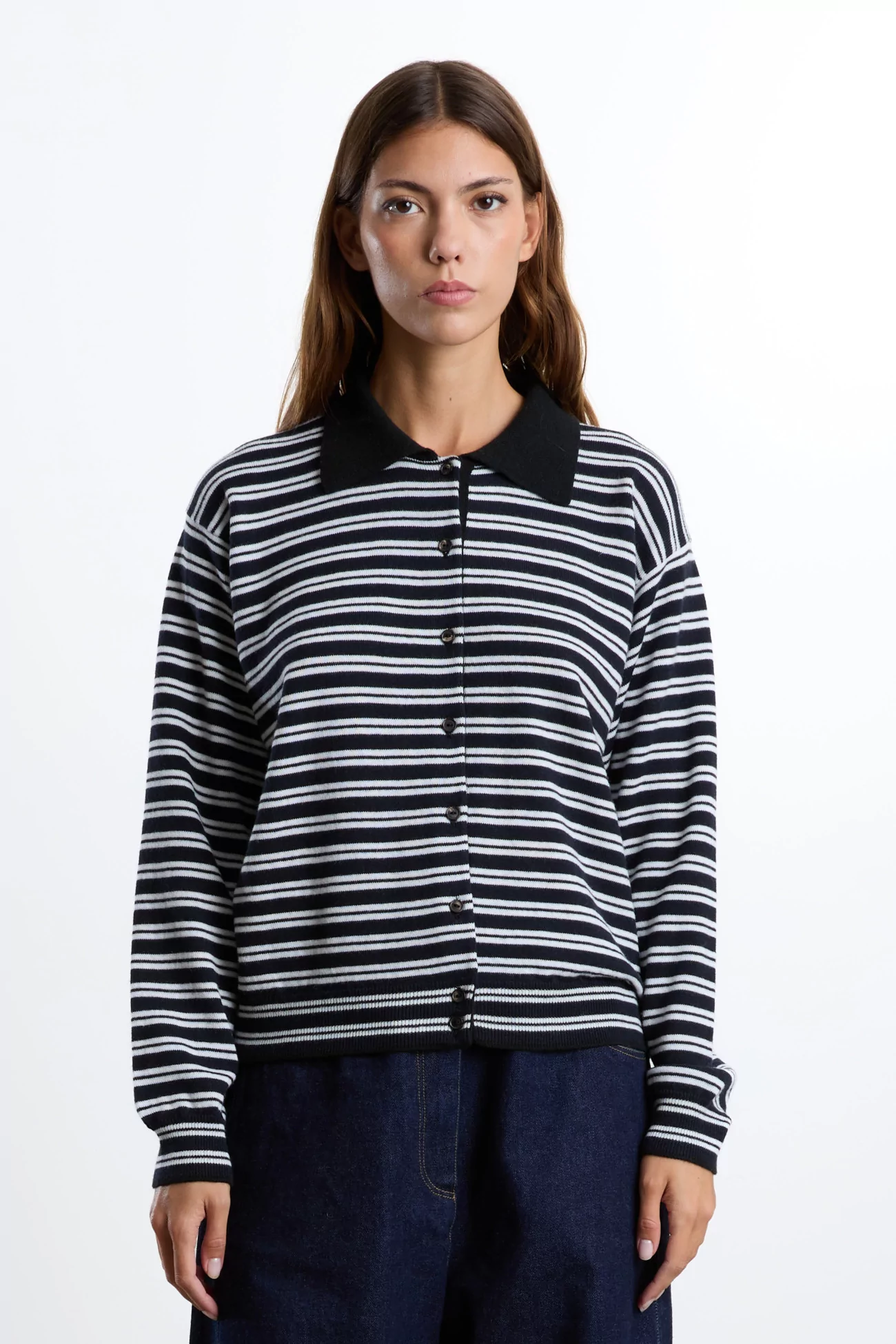 Merino Wool Striped Polo Cardigan CORDERA – Black & White | Centre Commercial