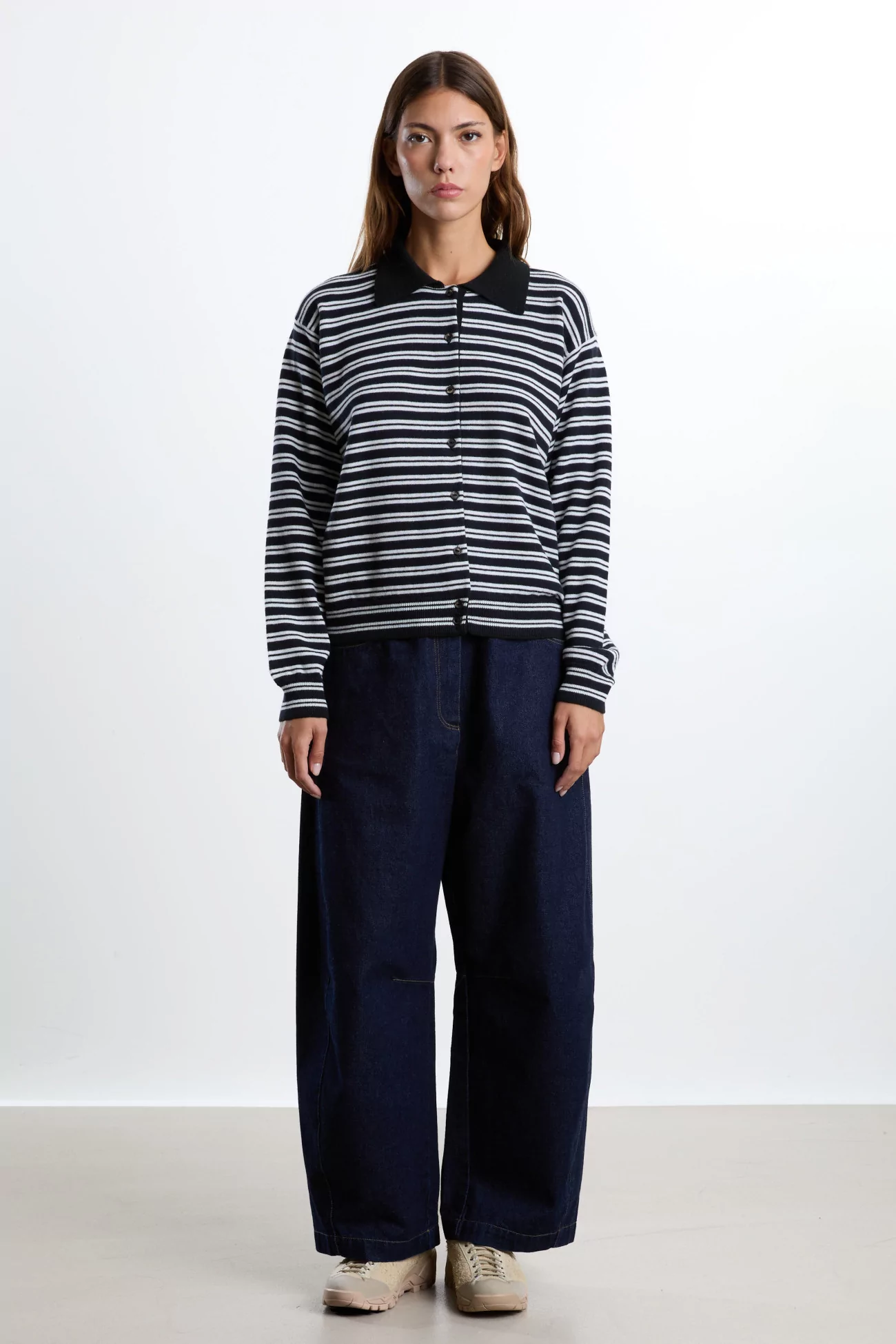 Merino Wool Striped Polo Cardigan CORDERA – Black & White | Centre Commercial