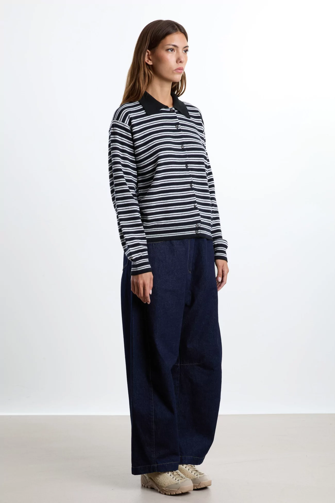 Merino Wool Striped Polo Cardigan CORDERA – Black & White | Centre Commercial