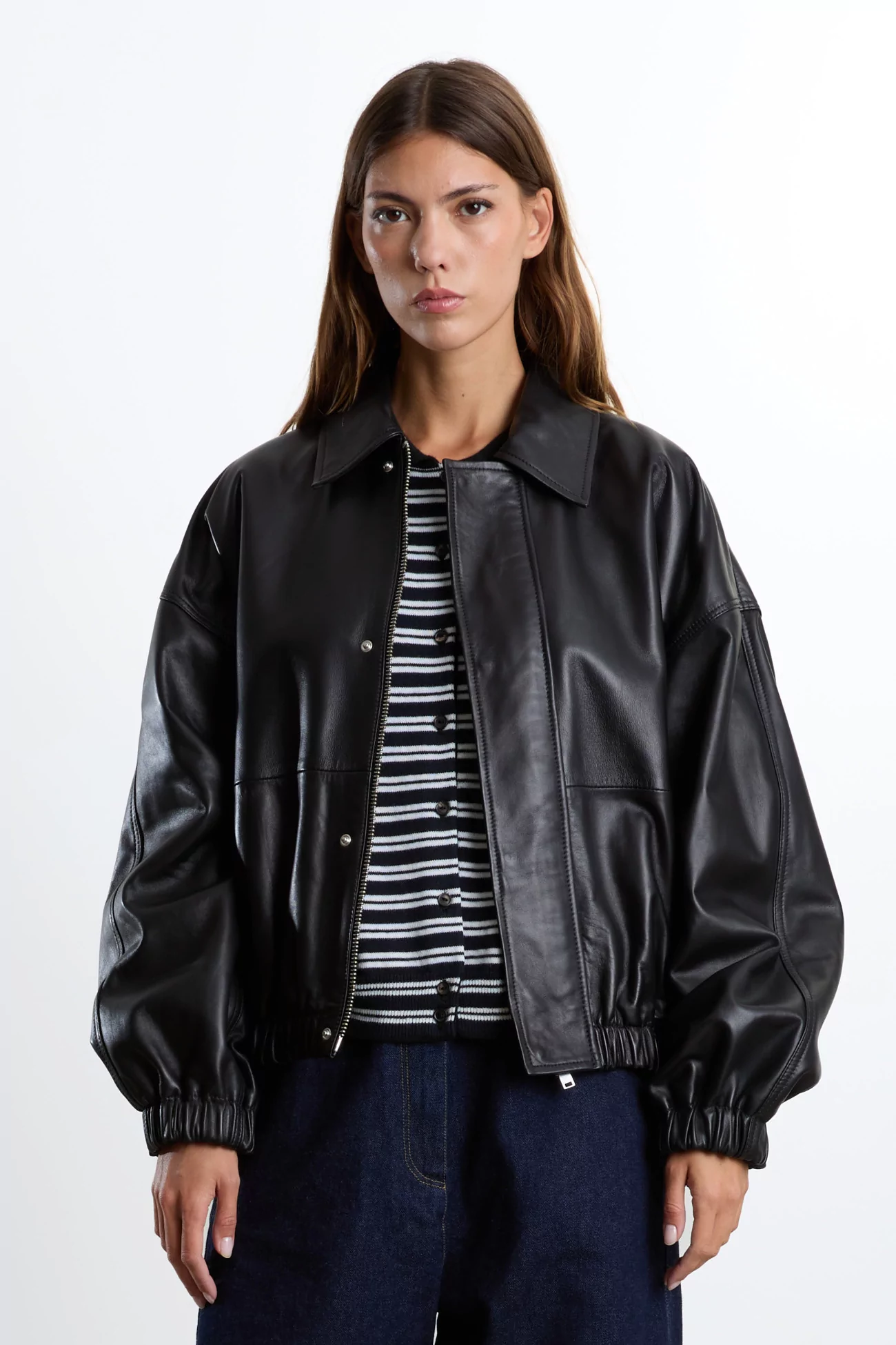 Nappa Lambskin Leather Bomber Jacket CORDERA – Black | Centre Commercial