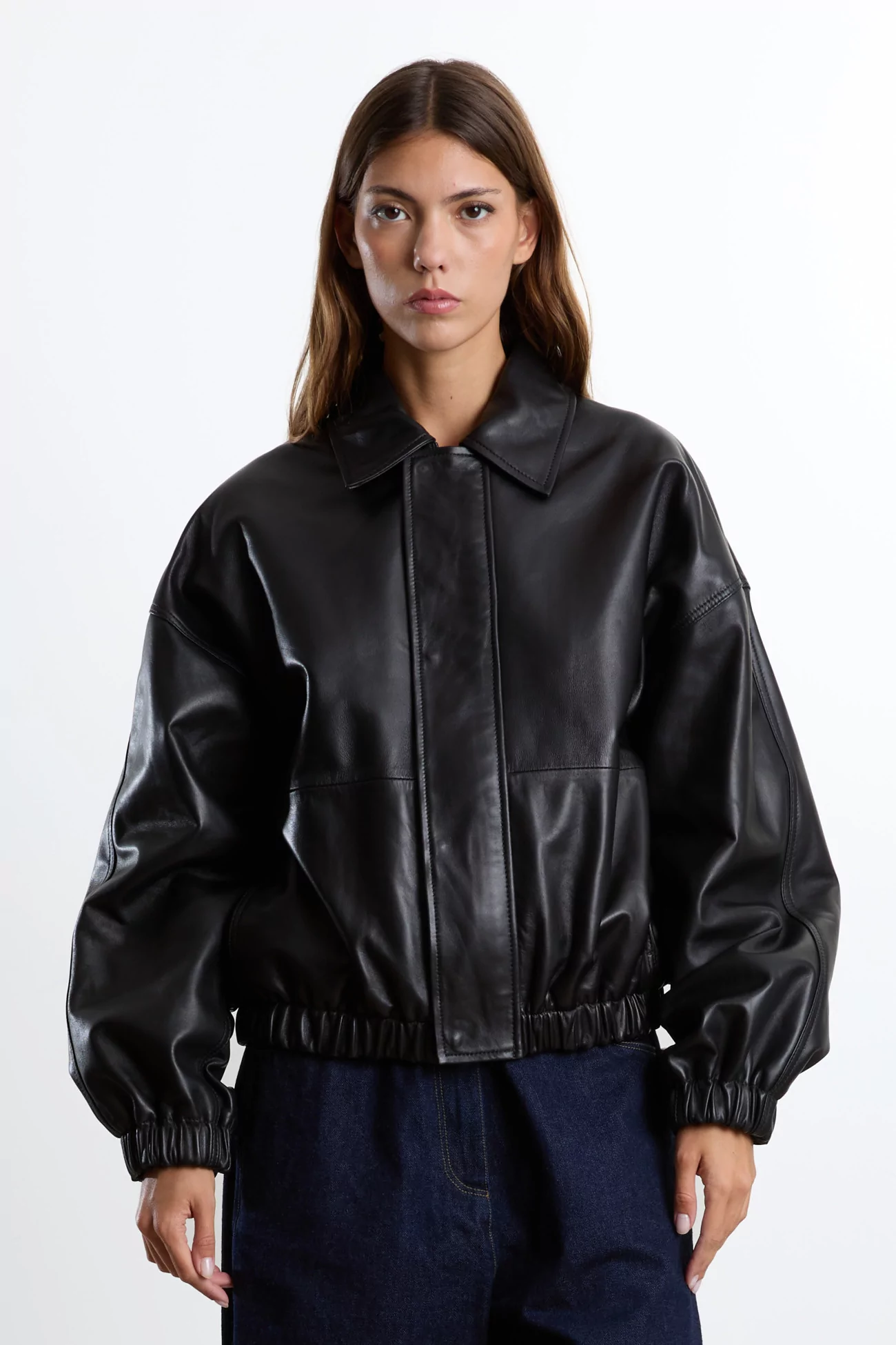 Nappa Lambskin Leather Bomber Jacket CORDERA – Black | Centre Commercial