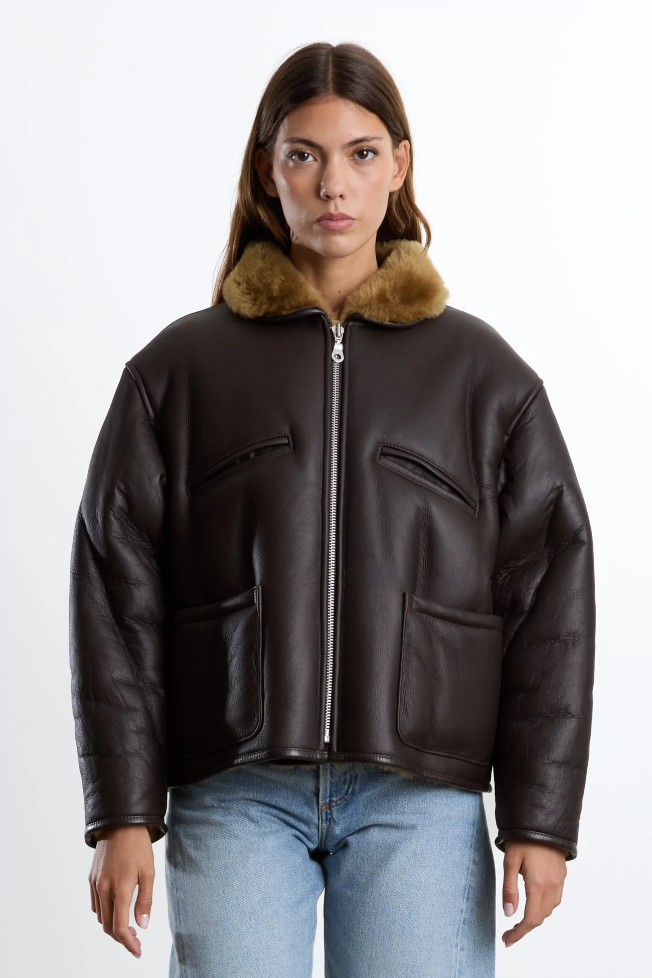 Veste Aviateur Cuir Femme Leather Back Flying Jacket – Ginger/Brown | Centre Commercial