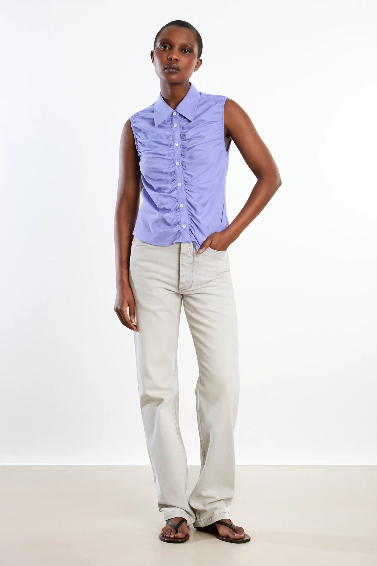 Ernie Palo Silk Sleeveless Gather Top – Purple | Centre Commercial
