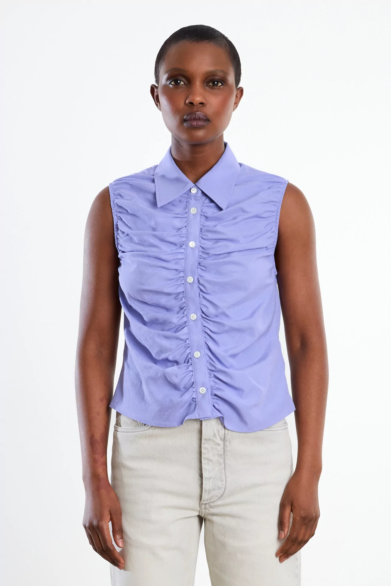 Ernie Palo Silk Sleeveless Gather Top – Purple | Centre Commercial
