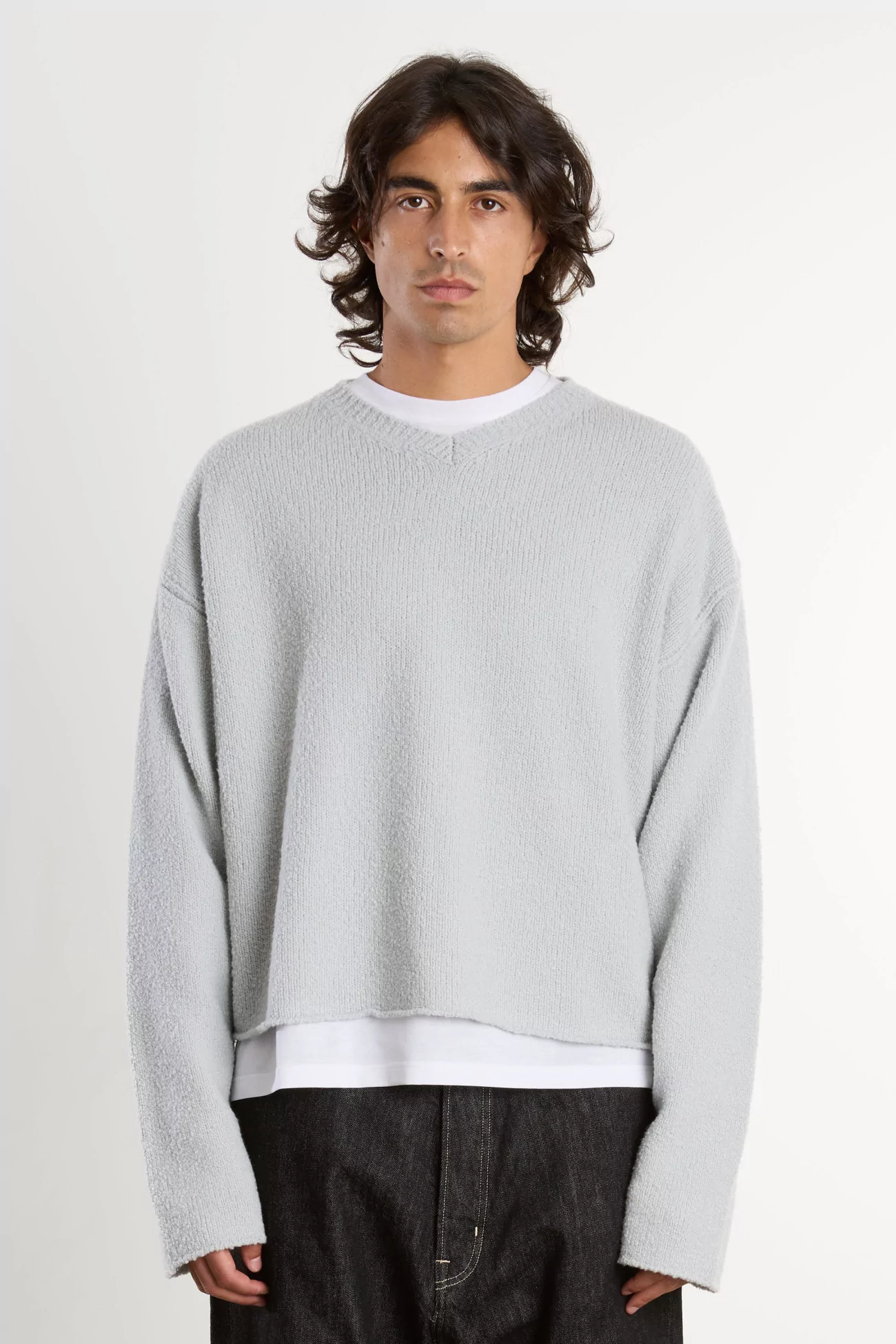 Pull Homme Laine Bouclette Col V Boucle Wool – Talc Boucle | Centre Commercial
