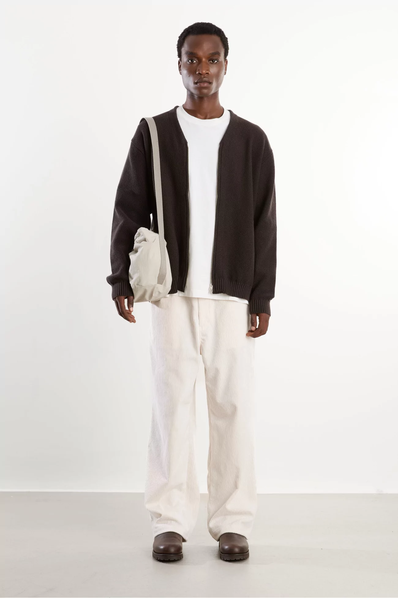 Zip Up Knit Cardigan Men Brown Charcoal – Still By Hand