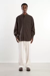 Silk Nep Band Collar Shirt Men Brown Charcoal – Still By Hand