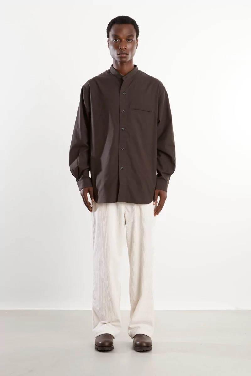 Silk Nep Band Collar Shirt Men Brown Charcoal – Still By Hand