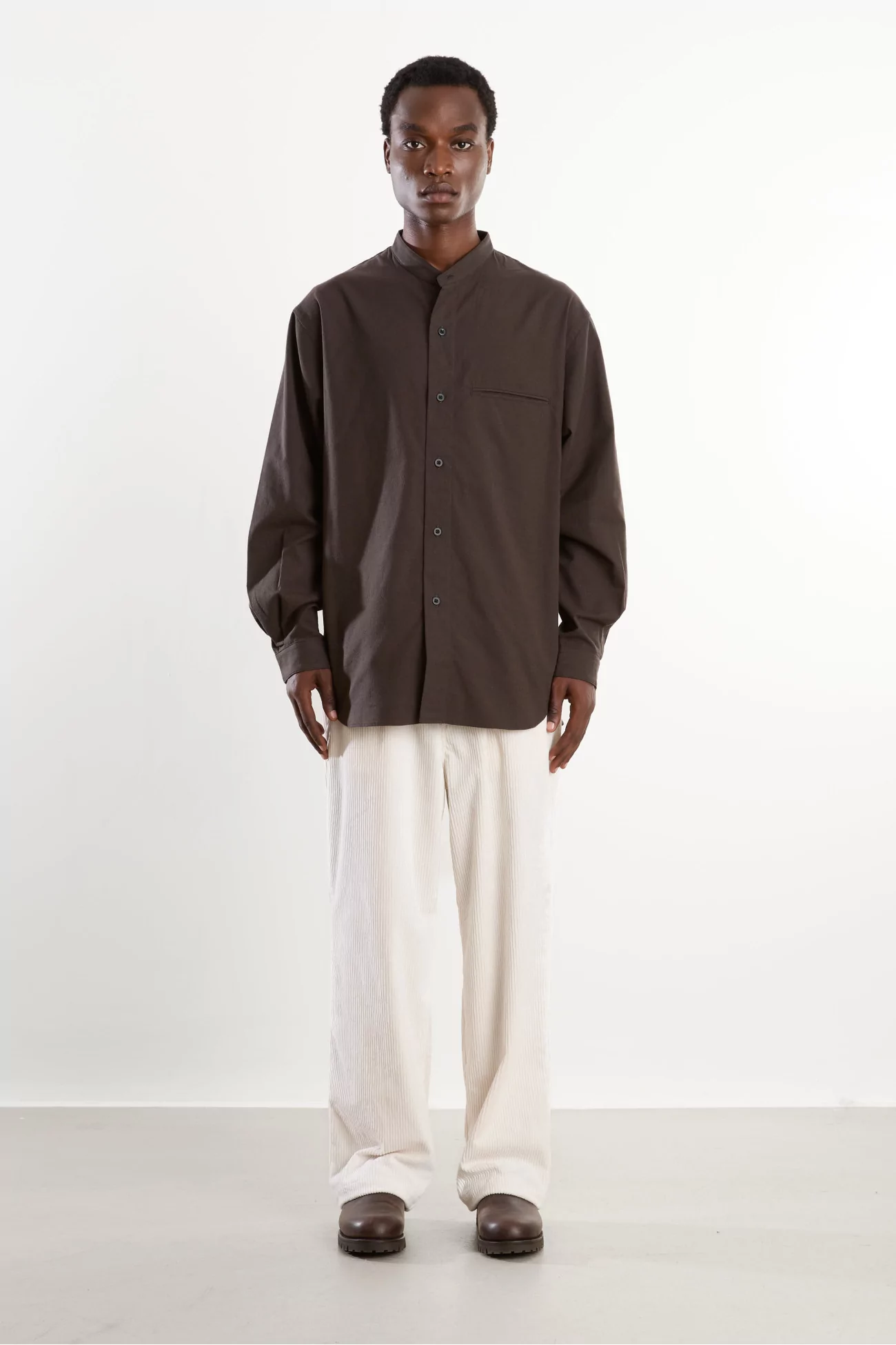 Silk Nep Band Collar Shirt Men Brown Charcoal – Still By Hand
