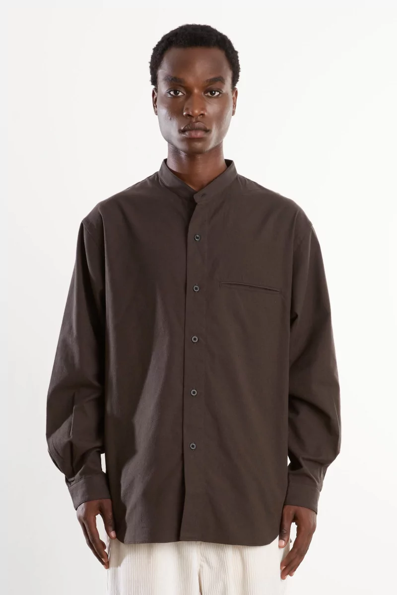 Silk Nep Band Collar Shirt Men Brown Charcoal – Still By Hand