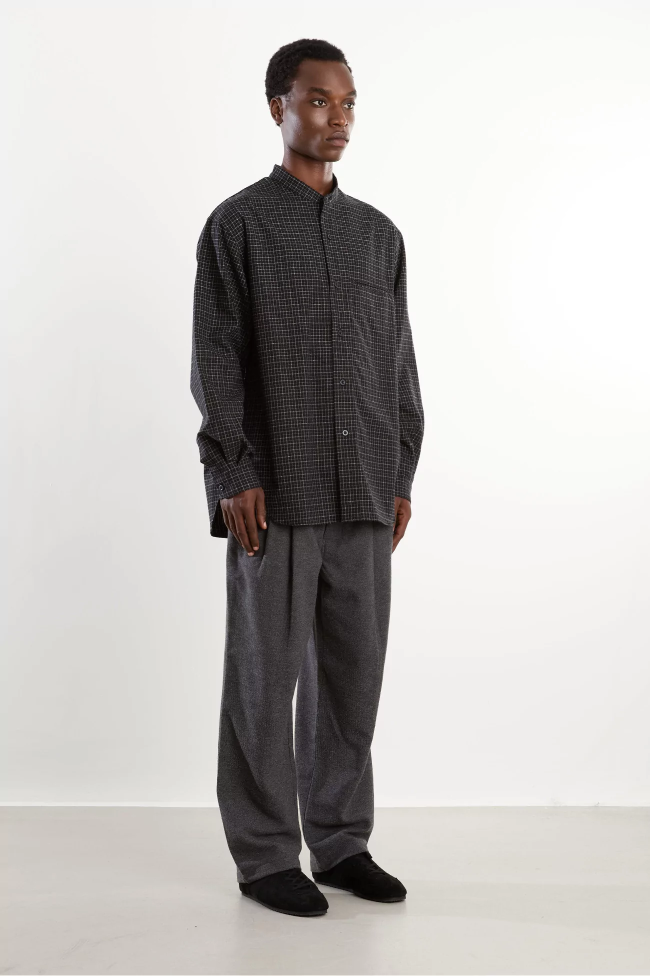 Silk Nep Band Collar Shirt Men Black Check – Still By Hand
