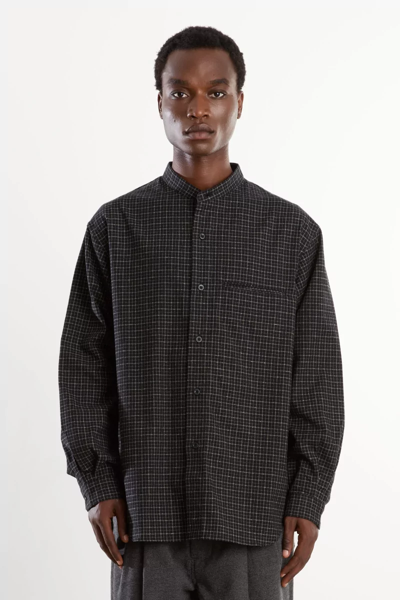 Silk Nep Band Collar Shirt Men Black Check – Still By Hand