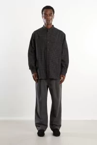 Silk Nep Band Collar Shirt Men Black Check – Still By Hand
