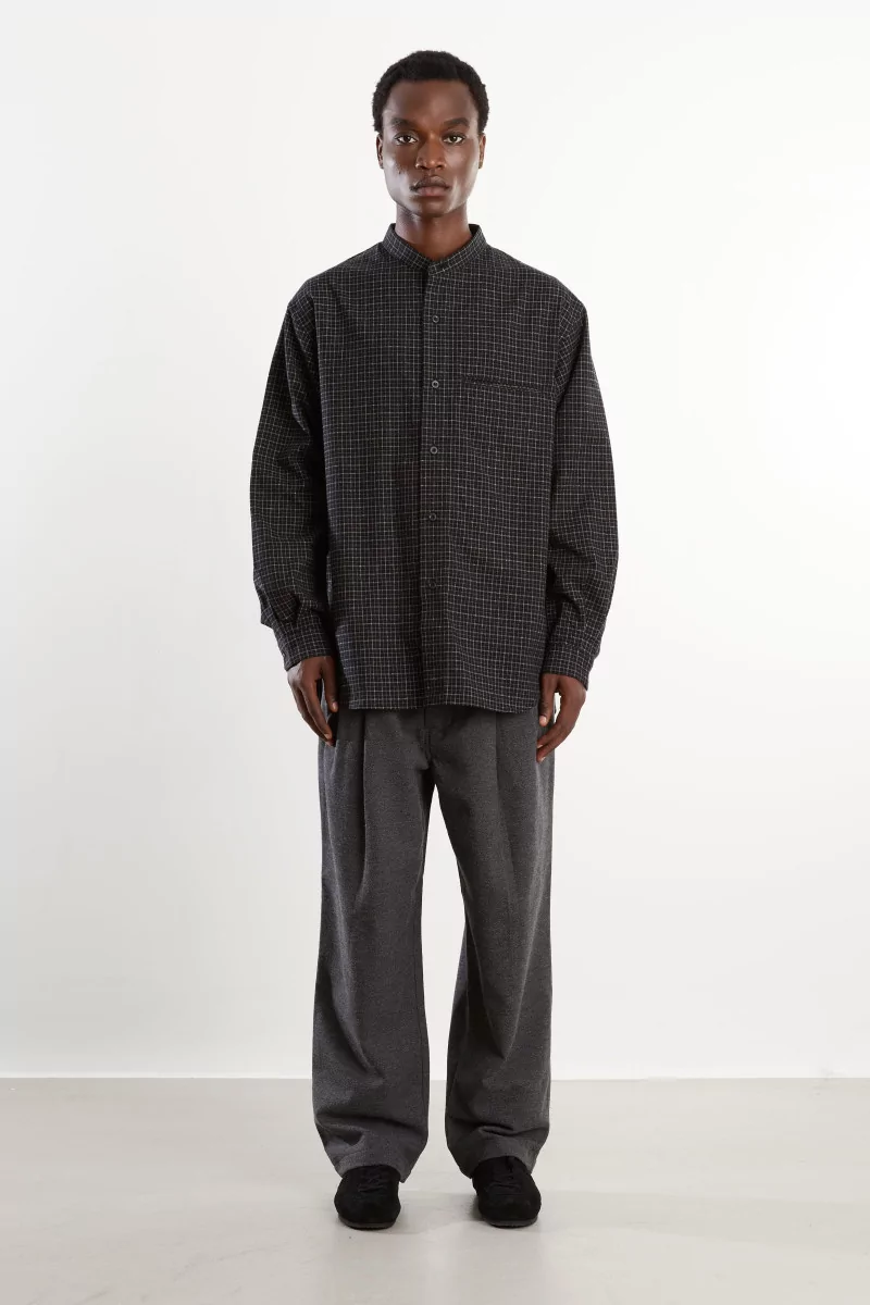 Silk Nep Band Collar Shirt Men Black Check – Still By Hand