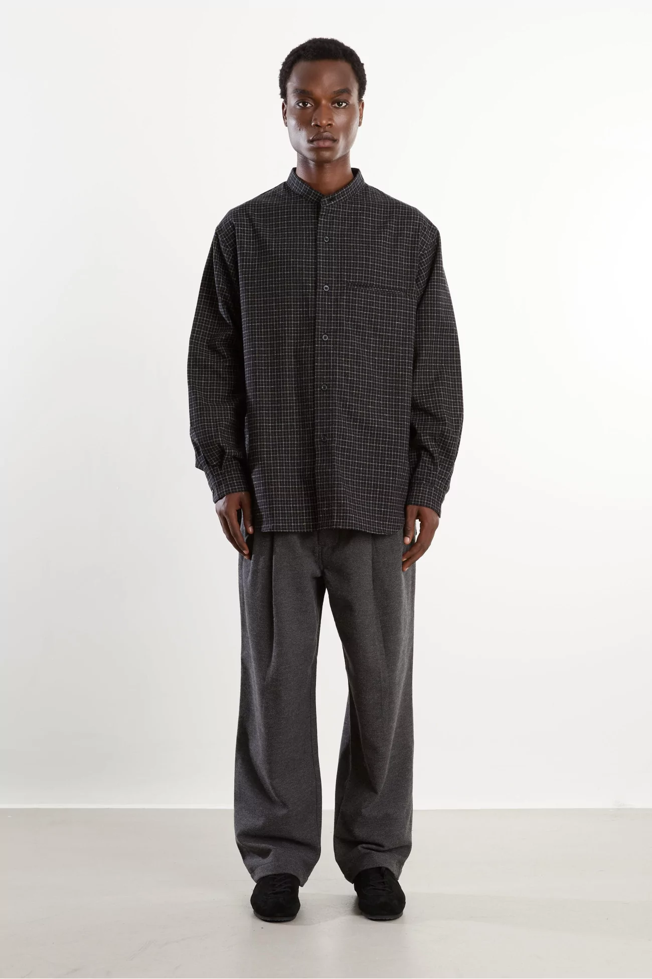 Silk Nep Band Collar Shirt Men Black Check – Still By Hand