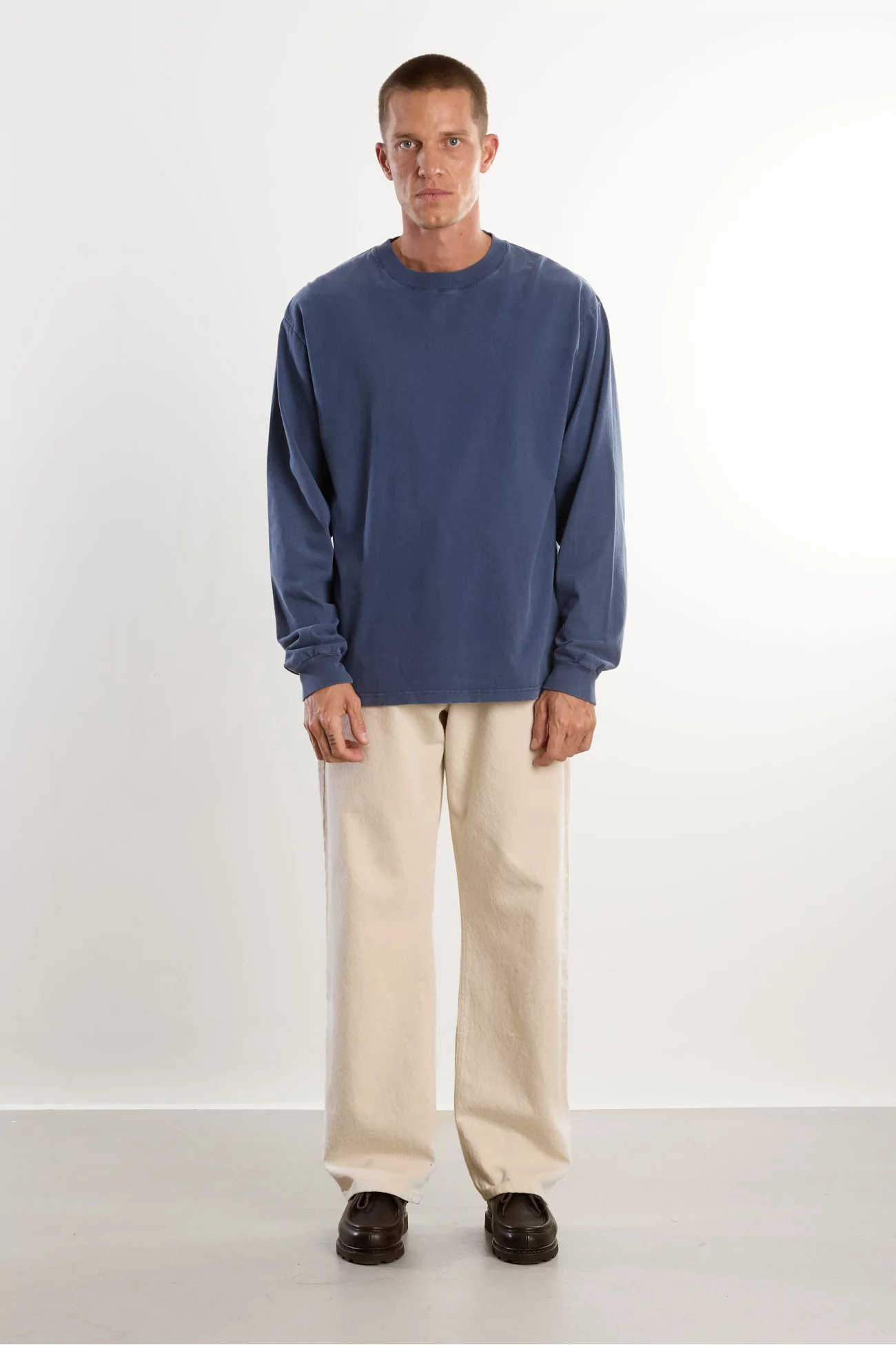 Organic Cotton Long Sleeve T-shirt - Washed Dark Navy | Centre Commercial
