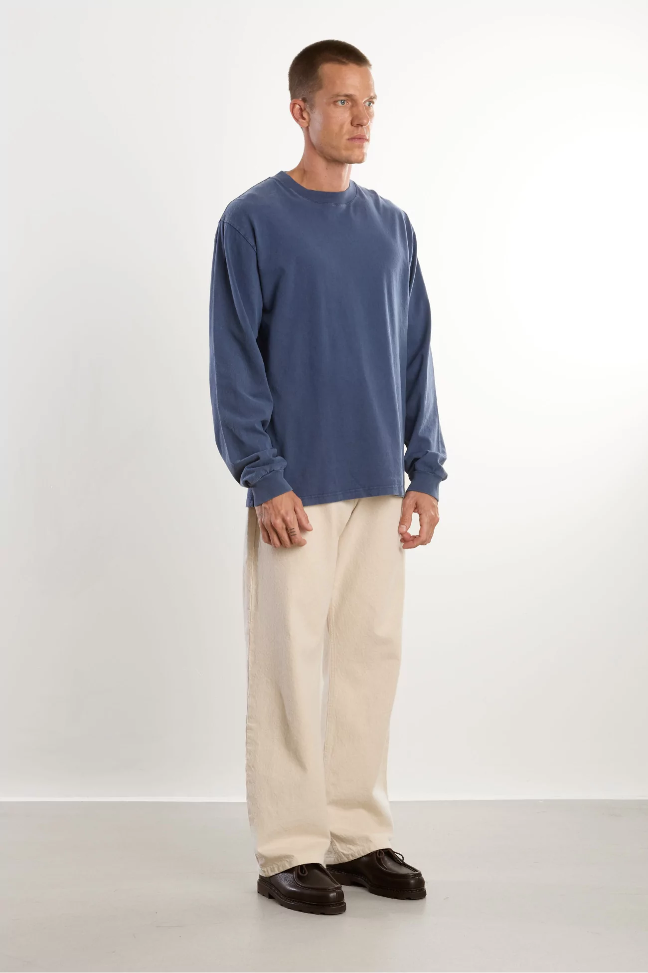 Organic Cotton Long Sleeve T-shirt - Washed Dark Navy | Centre Commercial
