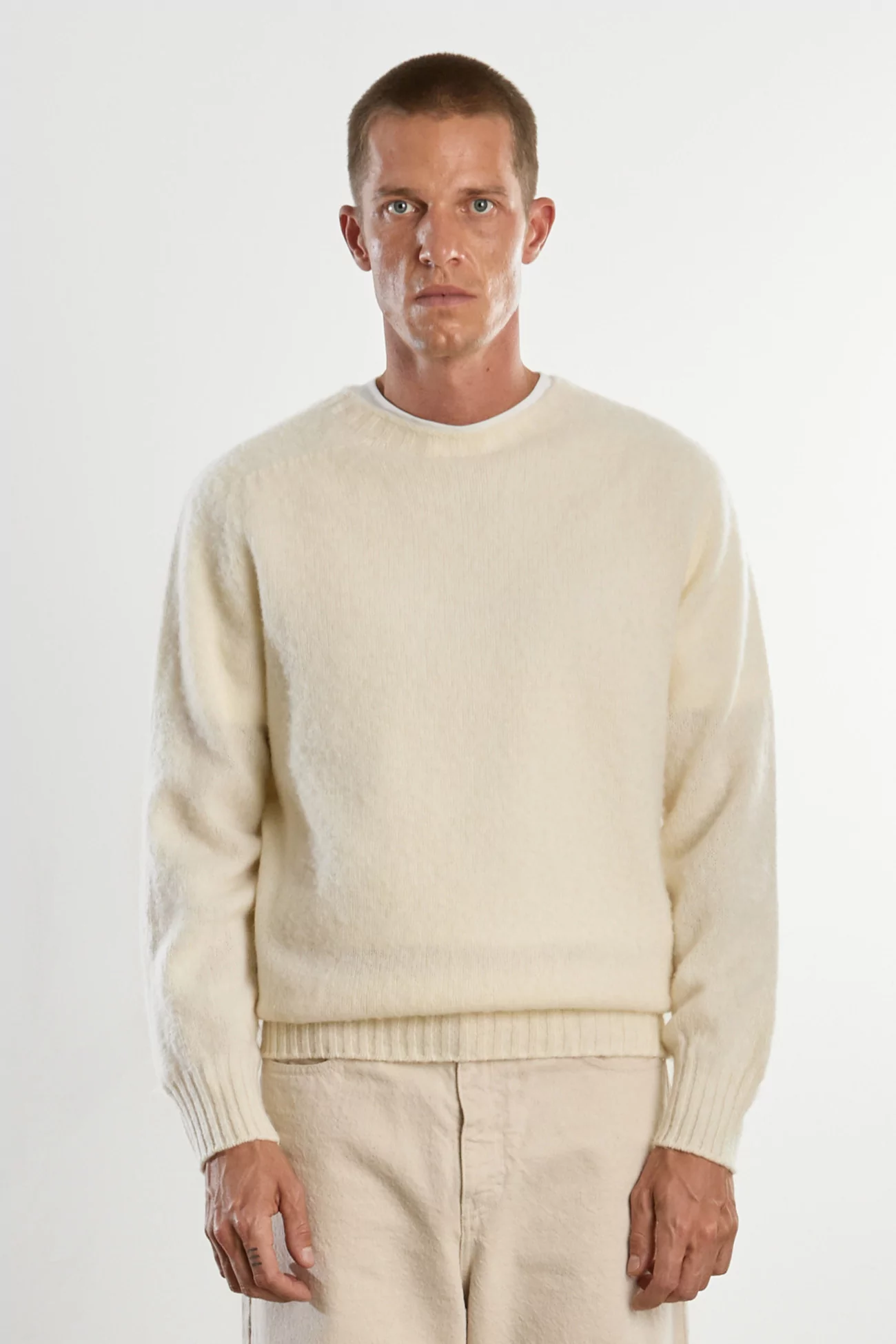 Men's Shetland Wool Crew Neck Sweater - Winter White | Centre Commercial