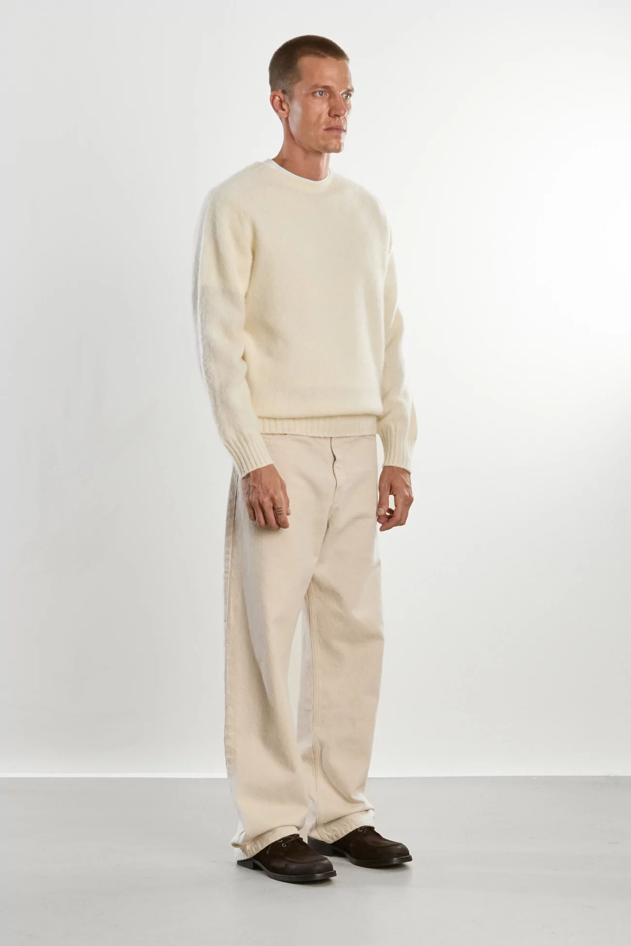 Men's Shetland Wool Crew Neck Sweater - Winter White | Centre Commercial