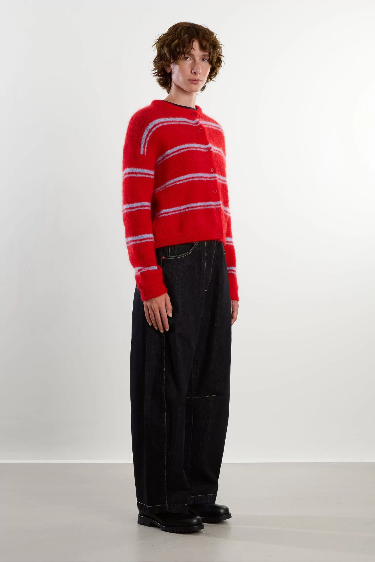 Cardigan Mohair Encolure Ronde Olivia – Rouge/Bleu Ciel | Centre Commercial
