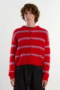 Cardigan Mohair Encolure Ronde Olivia – Rouge/Bleu Ciel | Centre Commercial