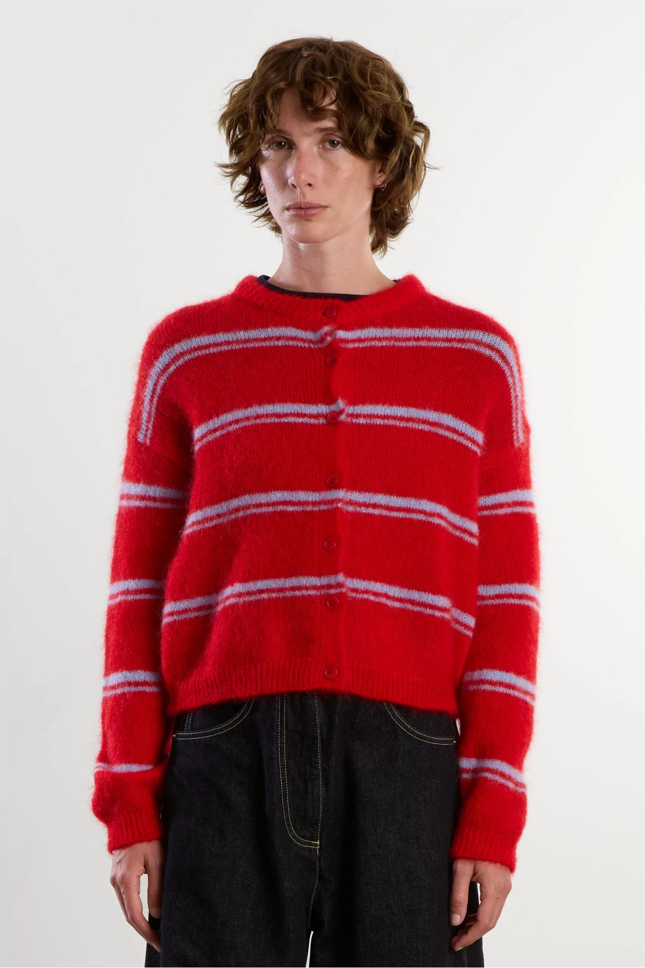Cardigan Mohair Encolure Ronde Olivia – Rouge/Bleu Ciel | Centre Commercial