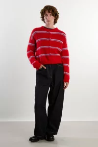 Cardigan Mohair Encolure Ronde Olivia – Rouge/Bleu Ciel | Centre Commercial