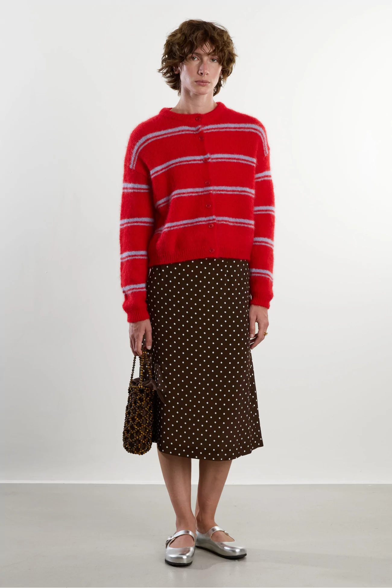 Cardigan Mohair Encolure Ronde Olivia – Rouge/Bleu Ciel | Centre Commercial