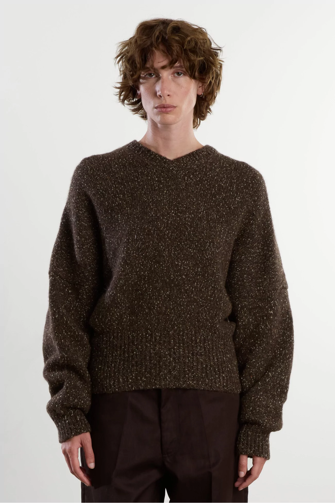 Pull Oversize Alpaga Laine Speckled V-Neck – Chocolate | Centre Commercial