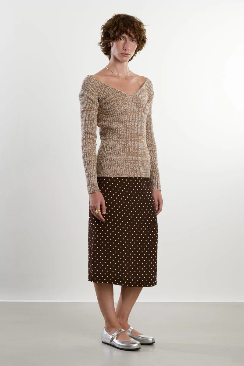 Pull Laine Col V Maille Melange V-Neck – Camel | Centre Commercial