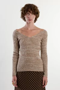 Wool V-Neck Melange Knit Sweater – Camel | Centre Commercial
