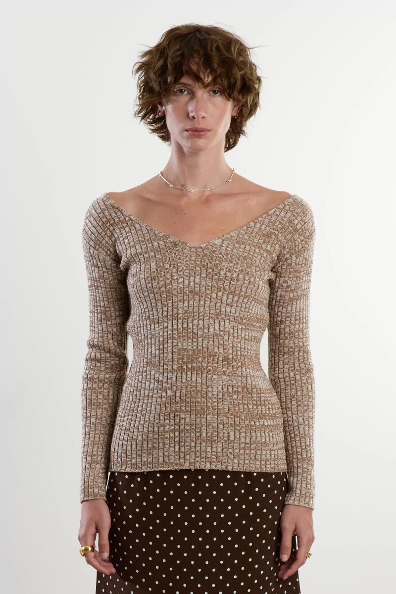Pull Laine Col V Maille Melange V-Neck – Camel | Centre Commercial
