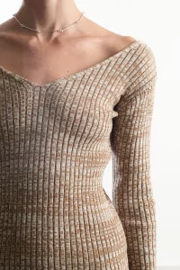 Wool V-Neck Melange Knit Sweater – Camel | Centre Commercial