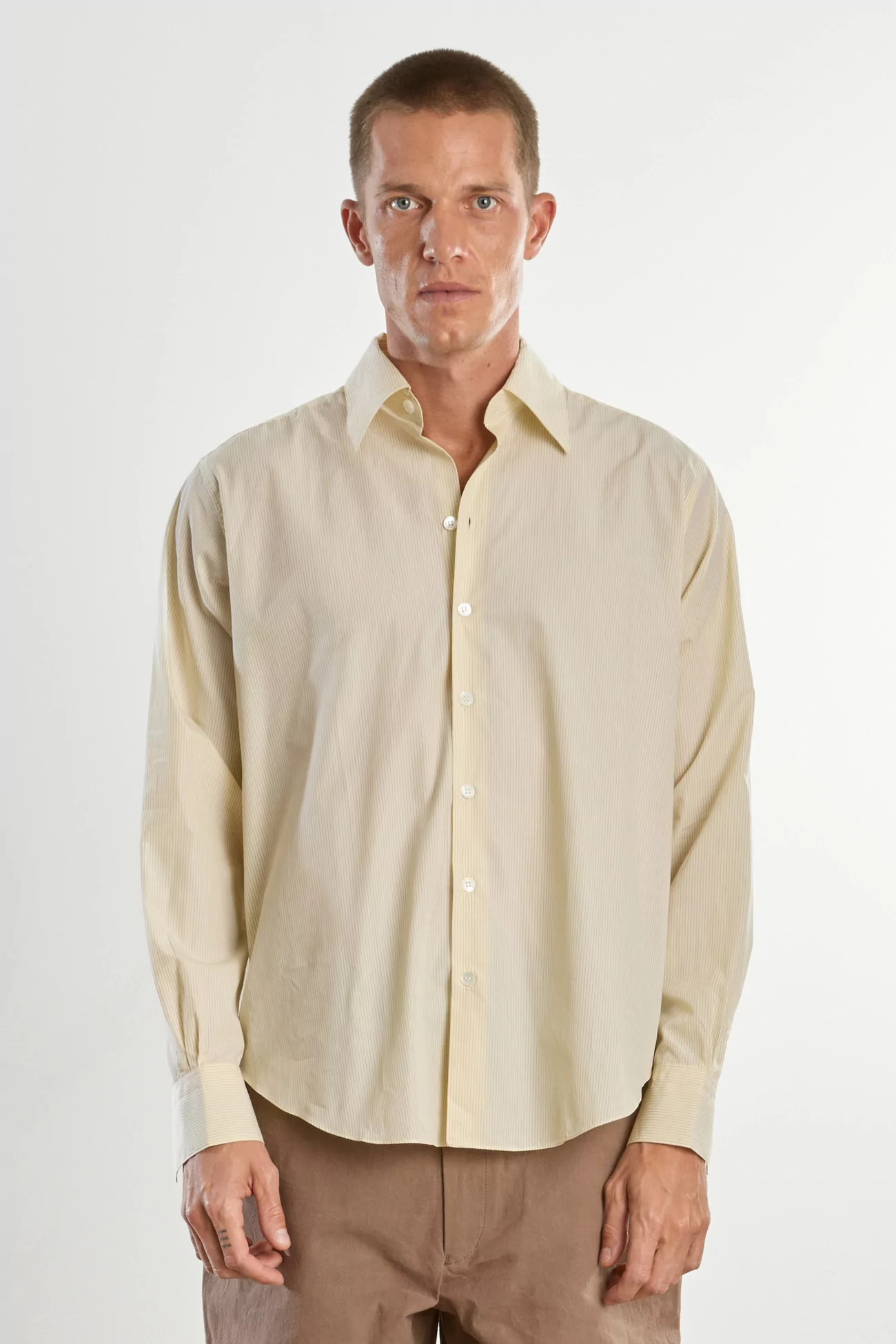Men's Cotton Poplin Shirt Normal – Pale Yellow Black Stripes | Centre Commercial
