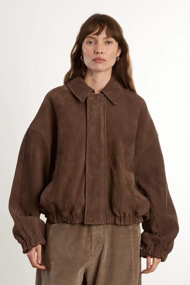 Blouson Cuir Agneau Nubuck Nobuck Bomber – Deep Taupe | Centre Commercial