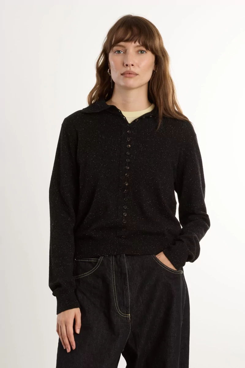Polo Maille Soie Laine Silk & Wool Flecked – Black | Centre Commercial